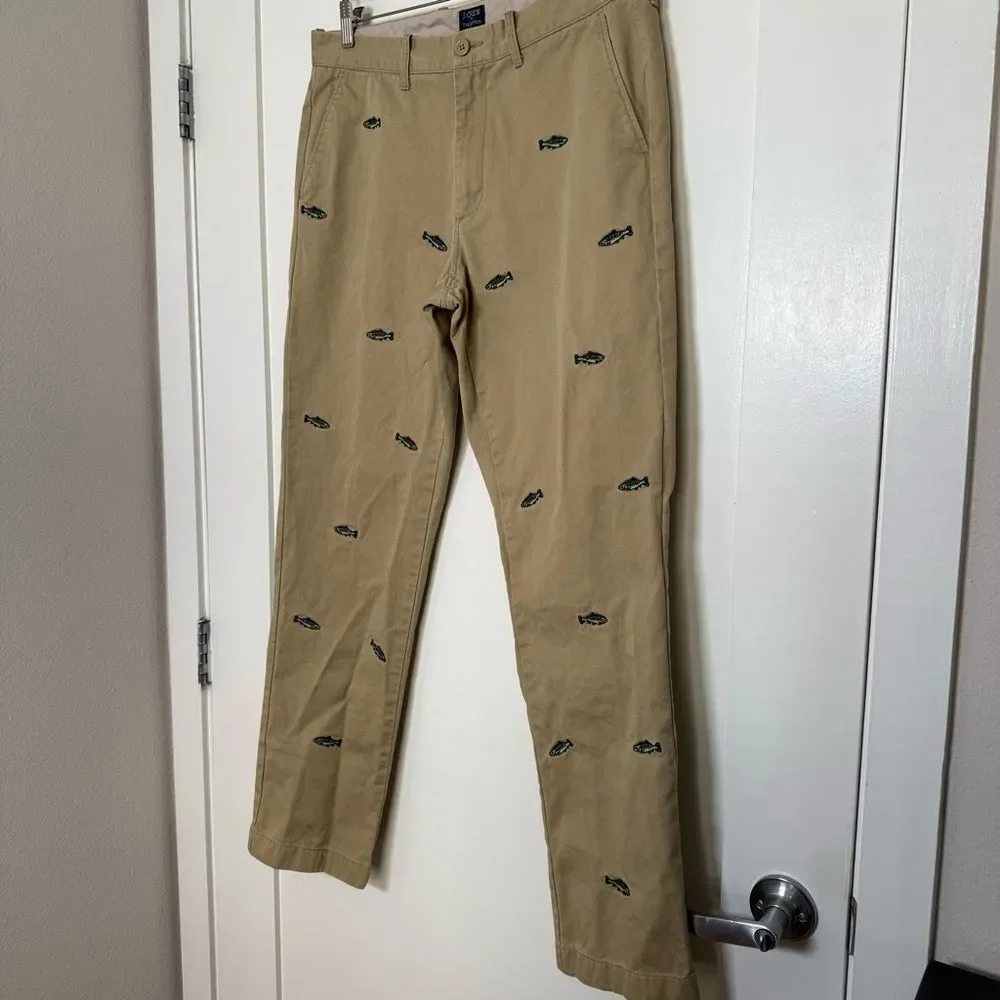 J Crew The Sutton Chino Pants Mens 33x32 Tan Straight Embroidered Fish Cotton